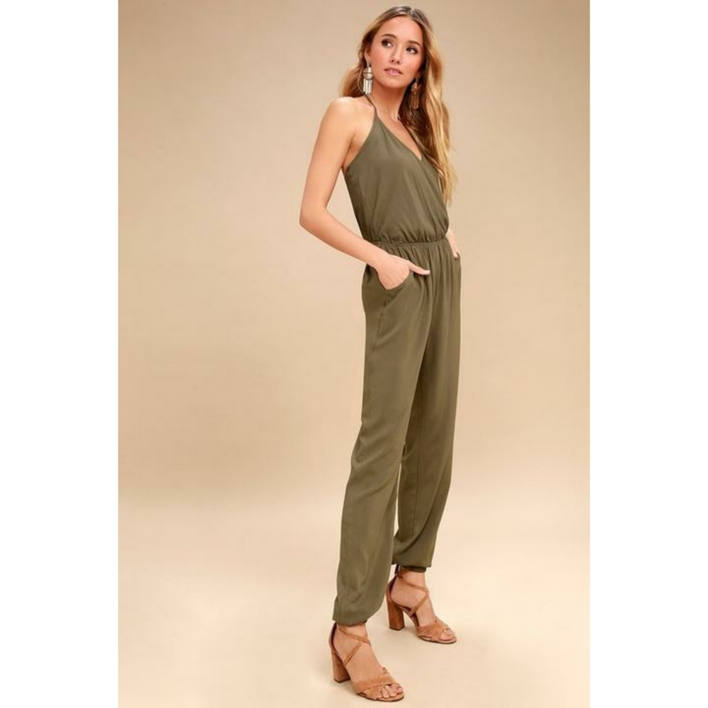 Lulus XS olive green halter jumpsuit